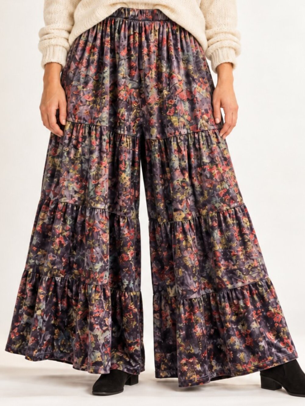 Natural Life XL Floral Velvet Tiered Wide Leg Palazzo Pants Boho Cottagecore